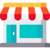 illustration of a store front with door, window and a striped awning.
