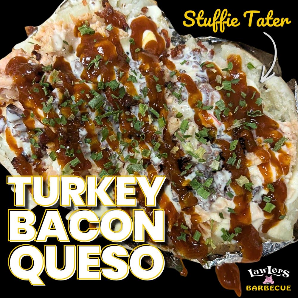 picture of stuffed potato with turkey, bacon, and queso from LawLers Barbecue