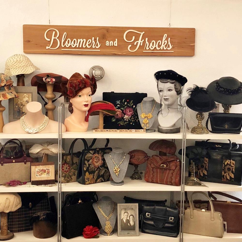 Vintage hats purses and jewelry at Bloomers & Frocks shop in south austin