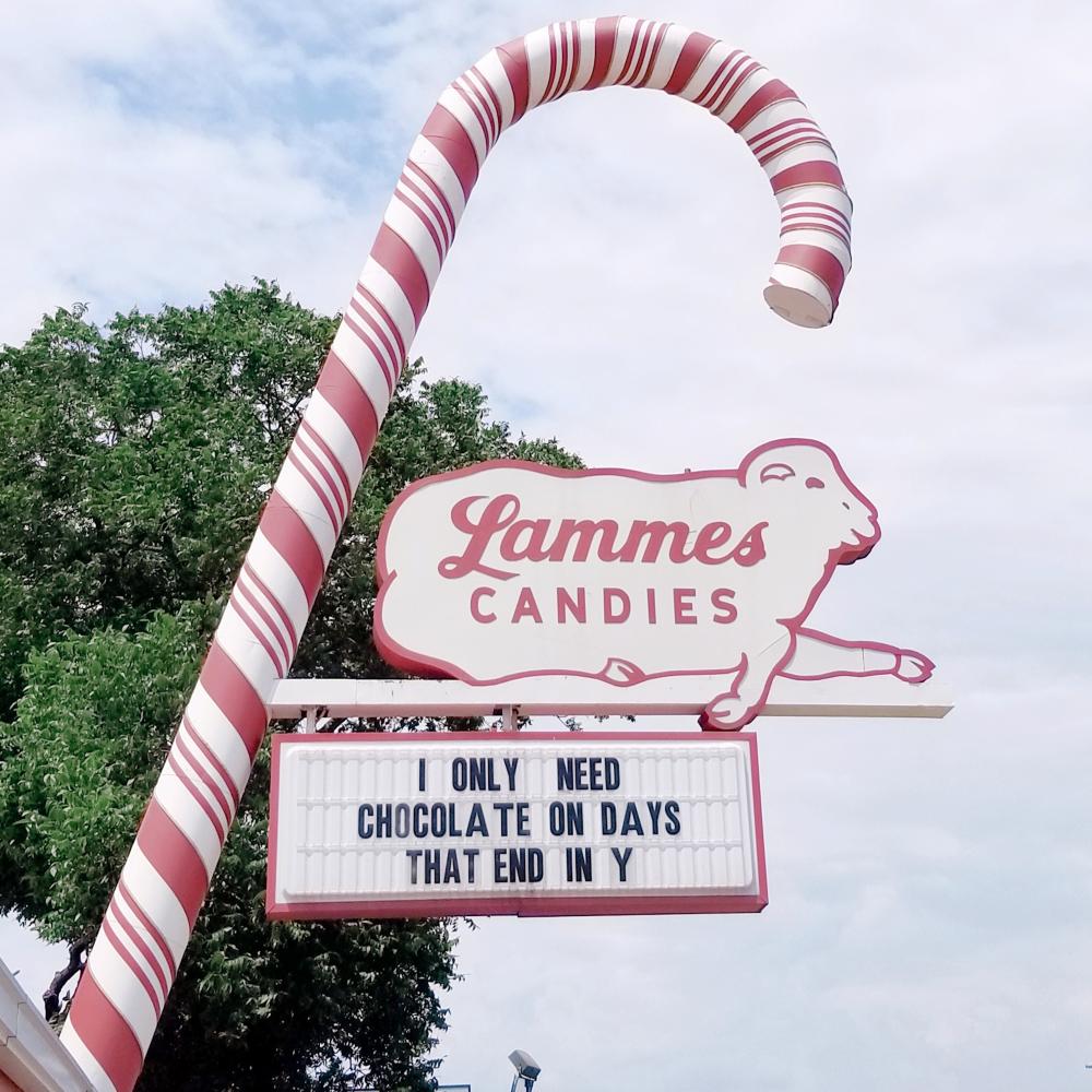 Image of the Lammes Candies candy cane sign and marquee.