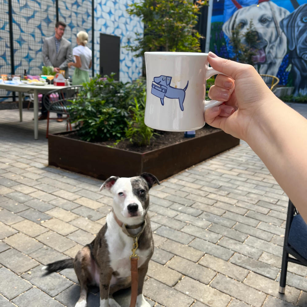 Dog sitting on outdoor patio while owner holds up a mug with a dog on it.