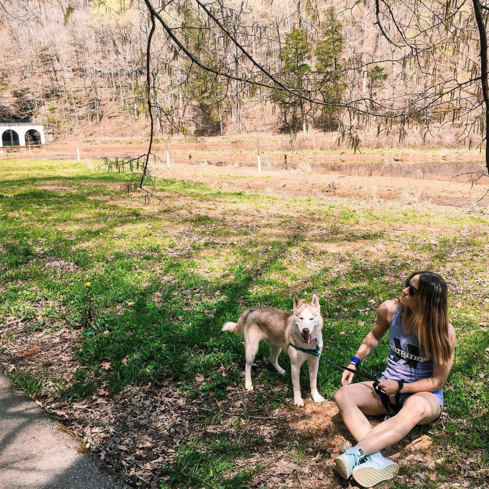 woman and dog at a park during a sunny winter day