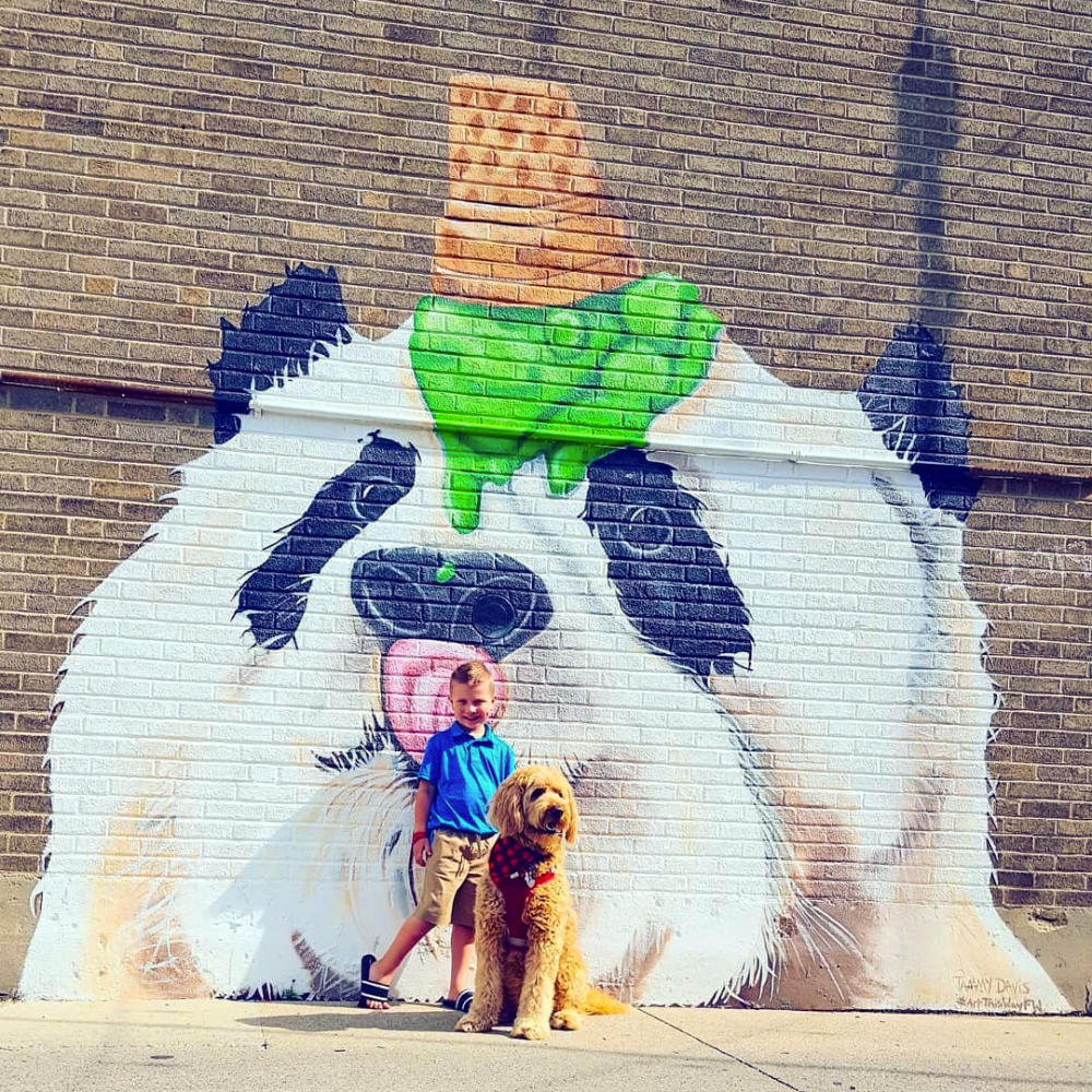 dog and boy at Panda Oops mural