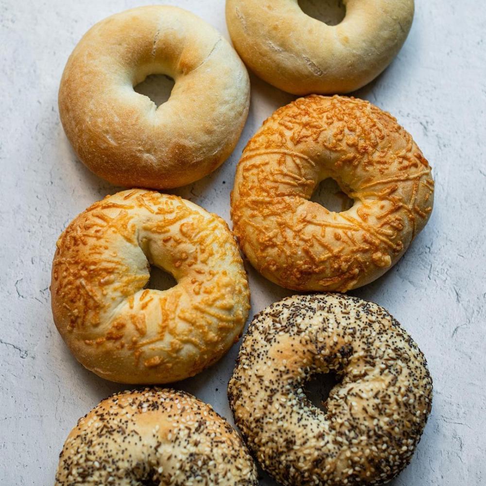 six bagels from GK Baked Goods lined up