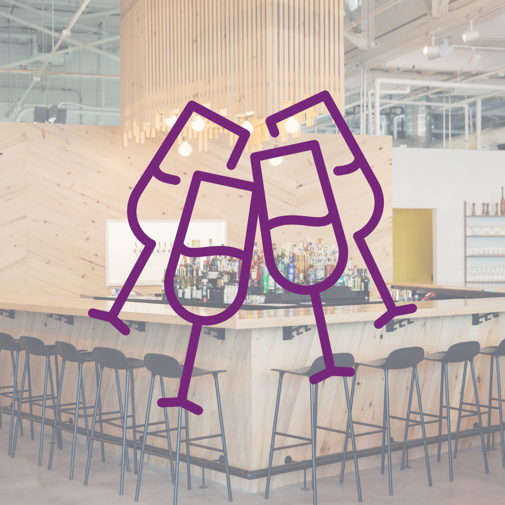 Glasses celebrating with cheers over image of Radio Social