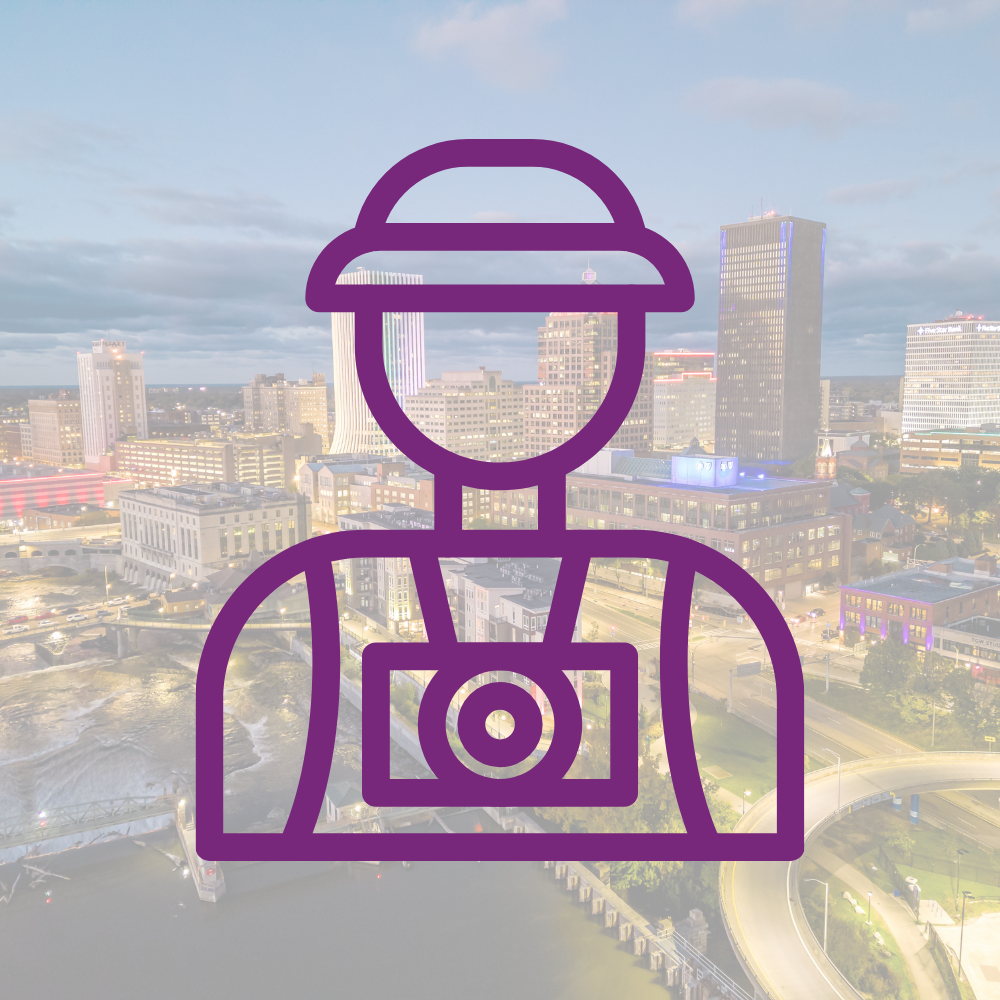 Tourist overlay on Rochester city skyline