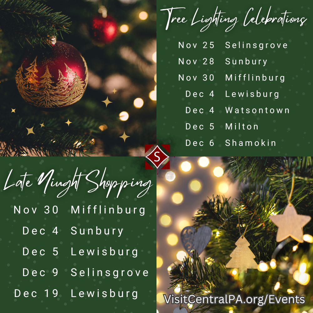 Pictures with the 2025 Tree Lightings & Late Night Shopping Dates listed.