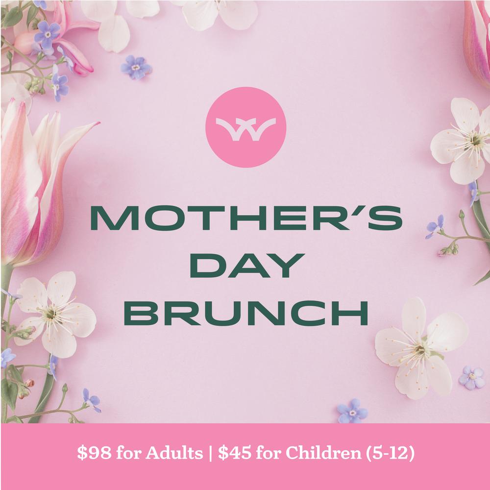 A graphic for Harrison's Mother's Day Brunch 2026 depicts a pink background with pink and white flowers around deep green text that reads, "MOTHER'S DAY BRUNCH | $98 for Adults | $45 for Children (5-12)."
