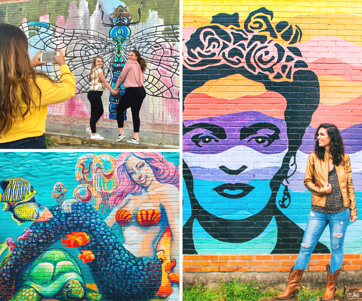 A trio of images highlighting the colorful murals found on Beaumont's Fannin Street.