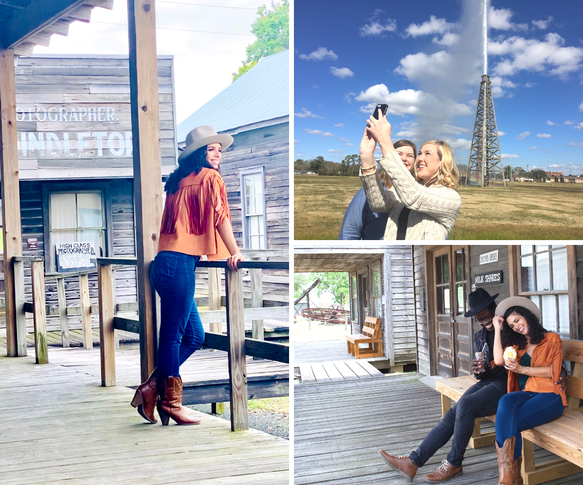 A picture collage of images showing the attractions at Spindletop & Gladys City Boomtown Museum.