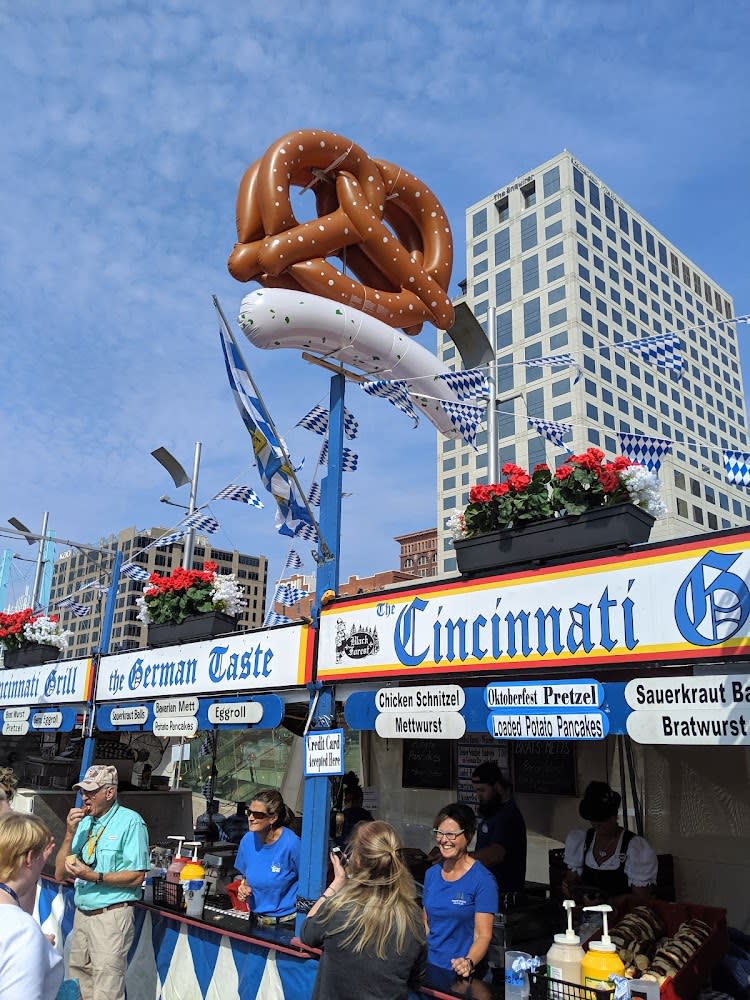 Sign made of a big pretzel in front of a food booth at Oktoberfest Zinzinnati