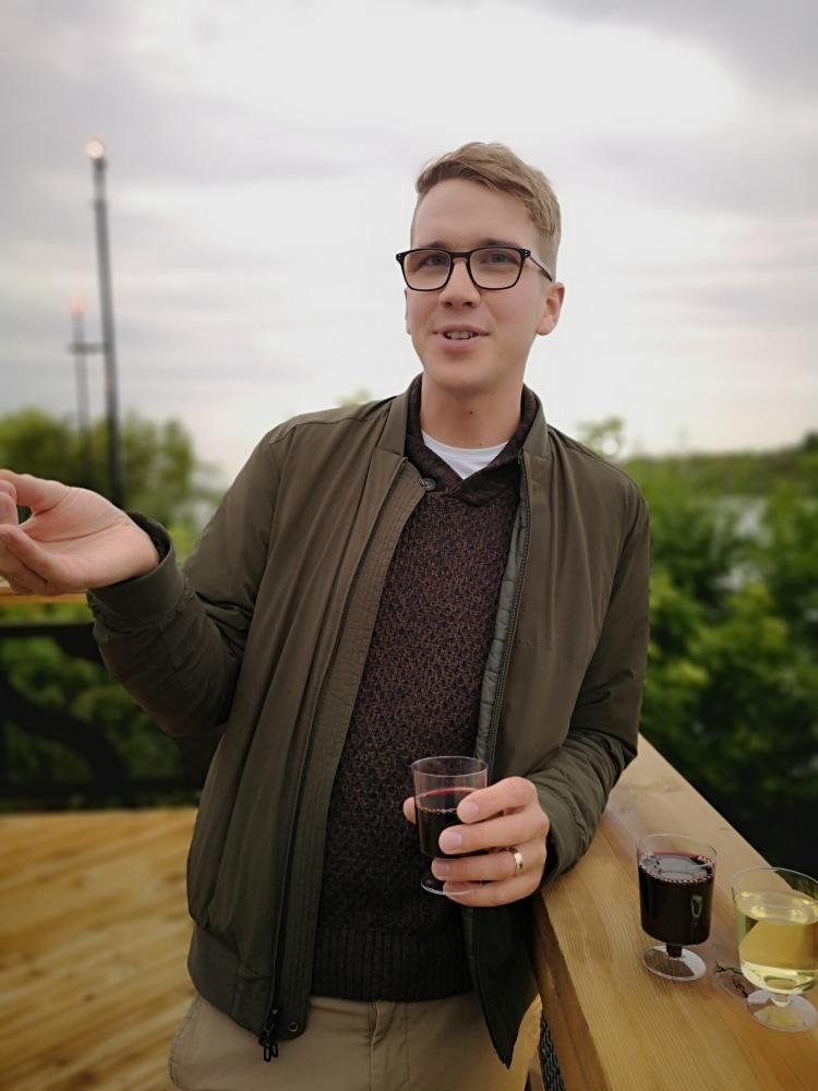 Jeff with wine at the theatre