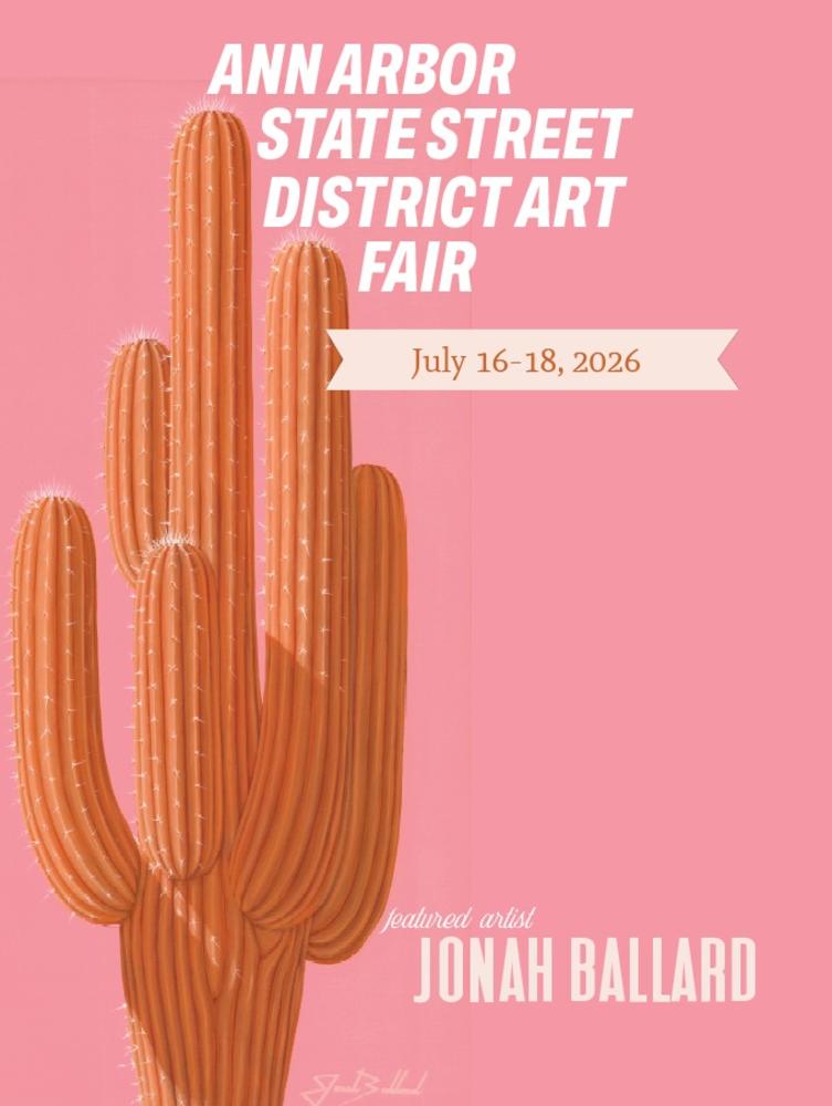 pink background, orange cactus painting and poster for Ann Arbor State Street district Art Fair