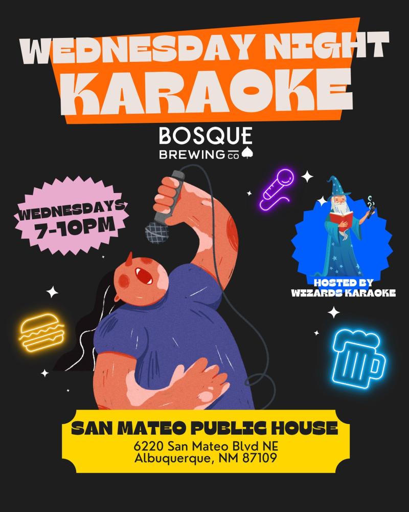 Flier for karaoke at Bosque Brewing.