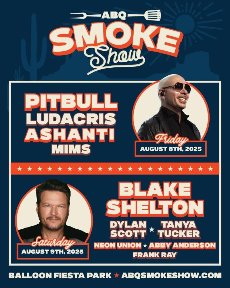 A graphic featuring the lineup for the 2025 ABQ Smoke Show BBQ and Music Fest.