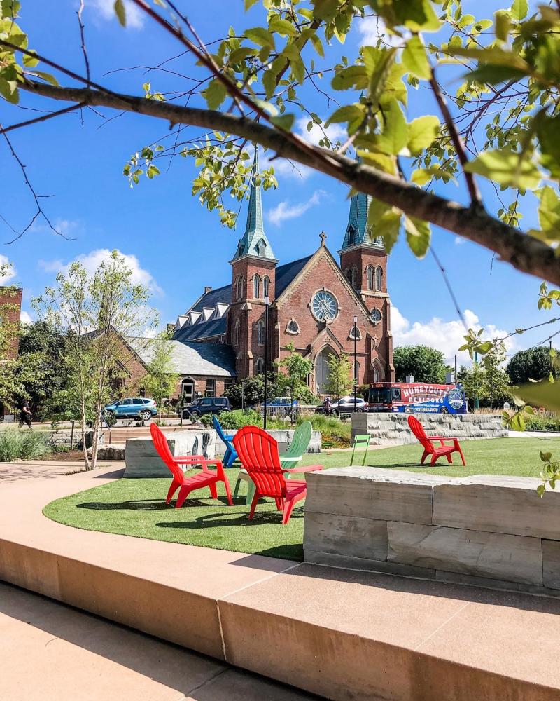 scenic urban park by a historic church