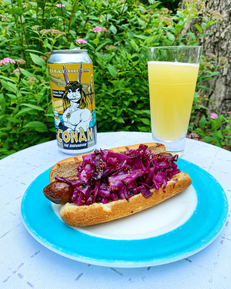 Hot Dogs with Grilled Mustard Slaw, paired with Lucky Hare’s Conan the Bavarian German-Style Hefeweizen