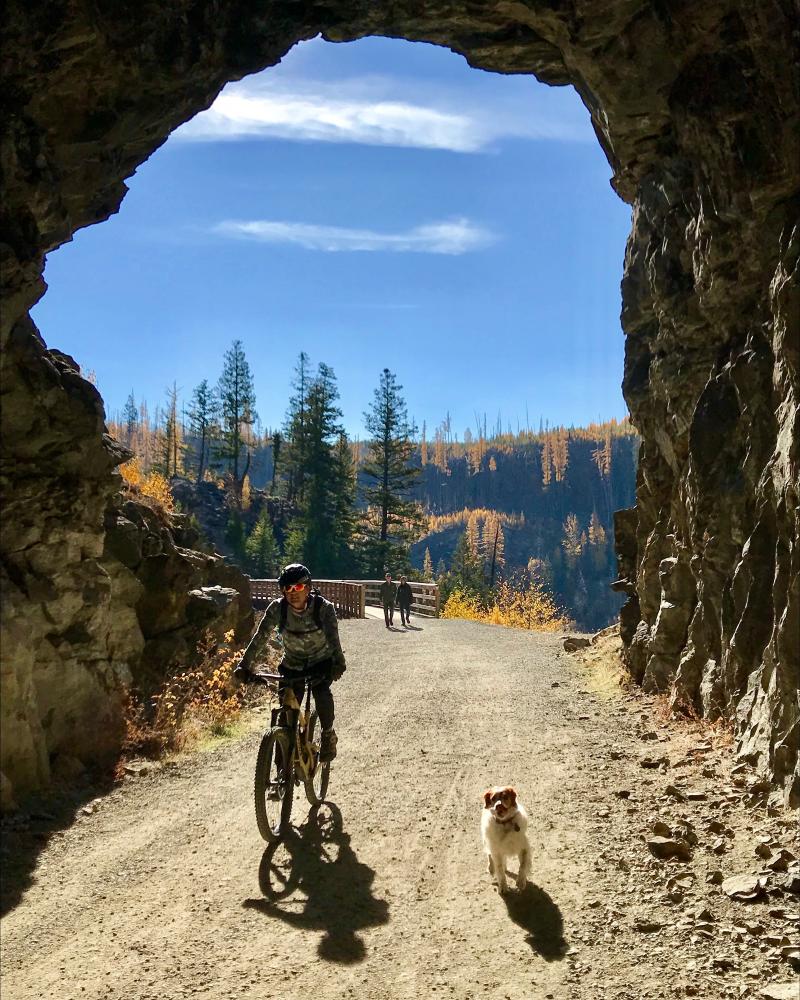 Biking through tunnel at Myra Canyon Trestles During Larch Season