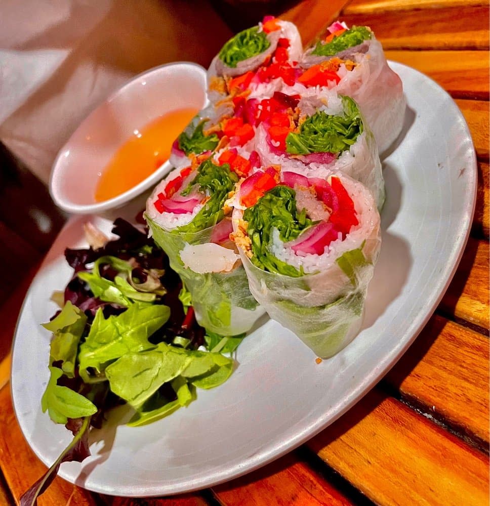 A plate containing fresh spring rolls filled with rice noodles, lettuce, and brightly colored vegetables, served with a side of green salad and a small bowl of orange dipping sauce.