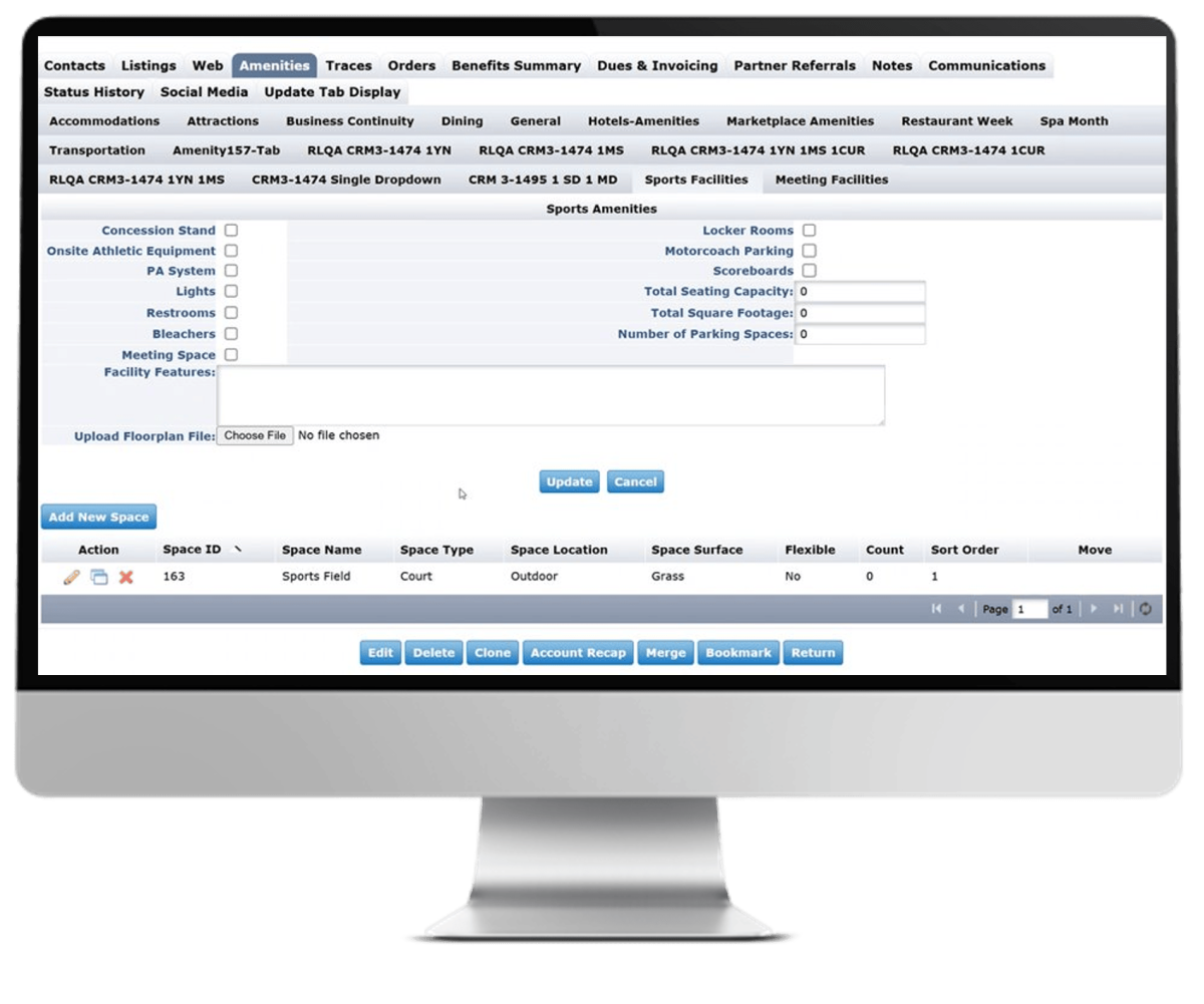 The Simpleview CRM sports user group displayed on a desktop monitor.