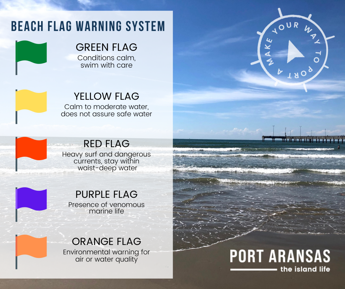 A beach is in the background. Over the beach is a series of five different colored flags representing water conditions. Green is calm conditions, yellow is calm to moderate, red is heavy surf and dangerous currents, purple is venomous marine life, and orange is environmental quality warning