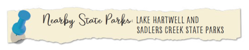 A graphic depiction of a pushpin torn-off piece of paper saying "Nearby State Parks: Lake Hartwell & Sadlers Creek State Parks".