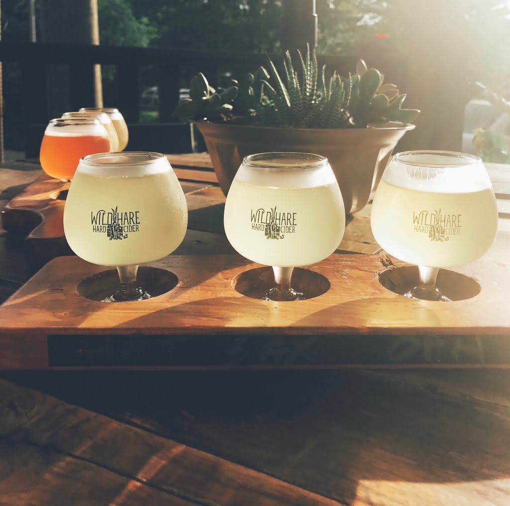 A three-glass flight of cider from Wild Hare Hard Cider