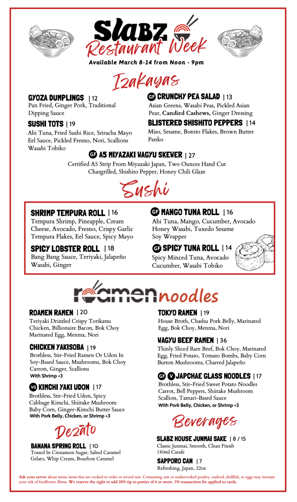 Slabz Restaurant Week Menu