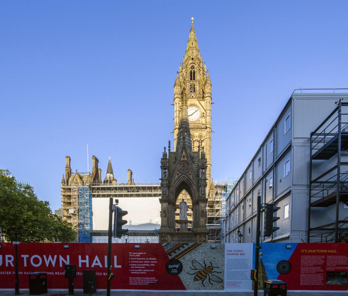 Manchester Town Hall as viewed on 20 July 2020 during refurbishment.