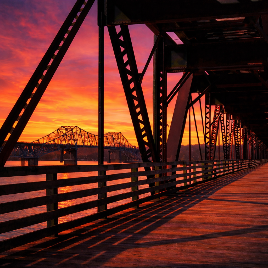 old railroad bridge at sunset with vibrant orange and pink colors filling the sky.