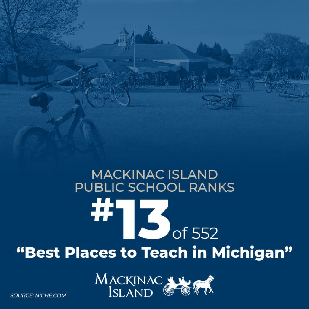 Photo illustration showing that Mackinac Island Public Schools ranks 13th in Michigan's Best Places to Teach