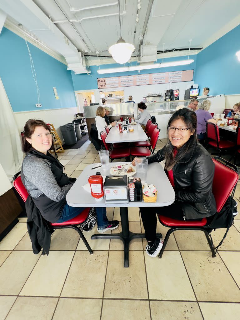 Customers dine inside the Pancake House on Mackinac Island.