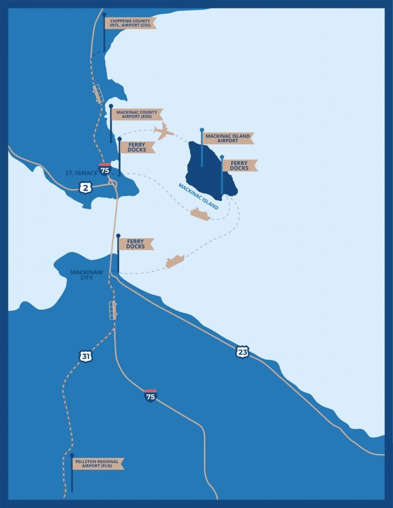 Many Mackinac Island visitors fly commercial airlines into nearby airports and take a short shuttle ride to the ferry docks.