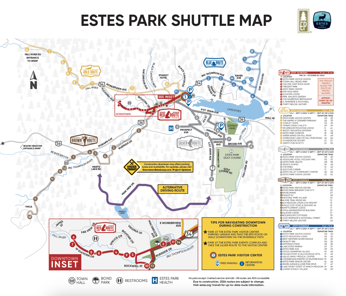 2024 estes park shuttle map showing alternate routes due to construction