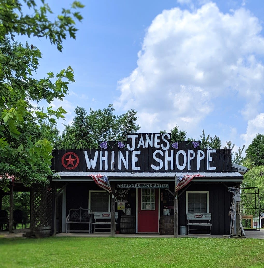 Old wood building under blue sky with a big sign reading Janes Whine Shoppe