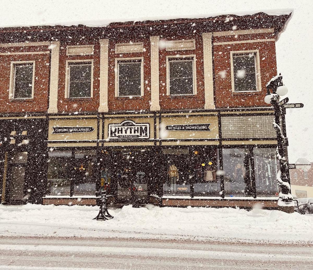 Rhythm storefront on a snowy day.