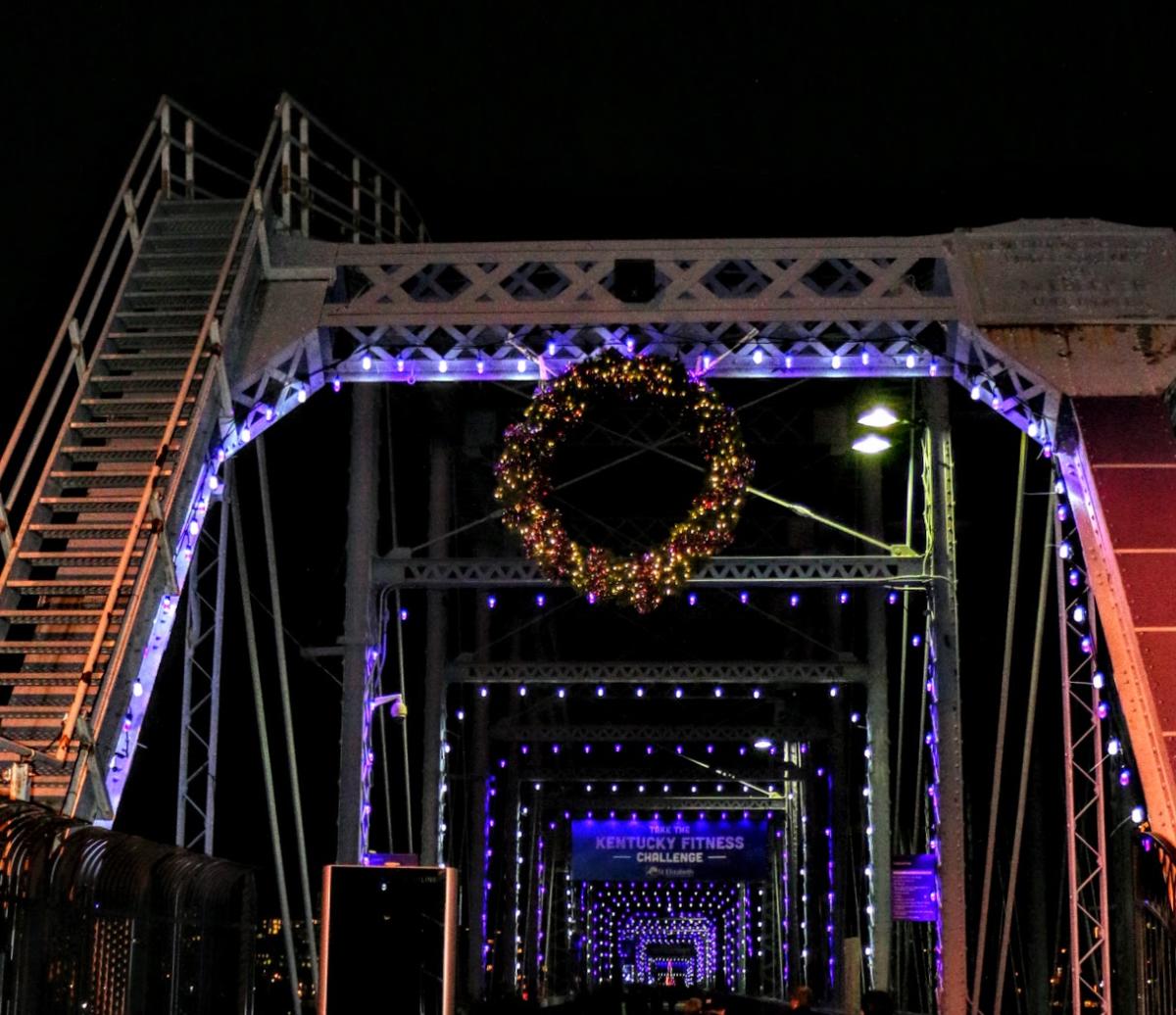 The Purple People Bridge, from Newport Ky to Cincinnati Oh, decorated with Holiday Lights and a Christmas wreath