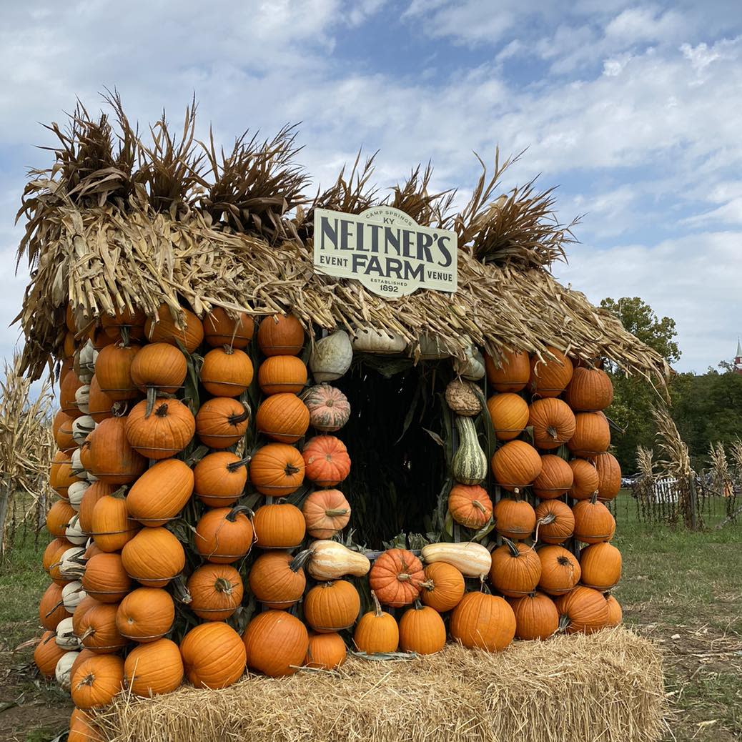 Image is of a tiny cabin made from pumpkins with a straw roof and a sign that say's "Neltner's Farm".