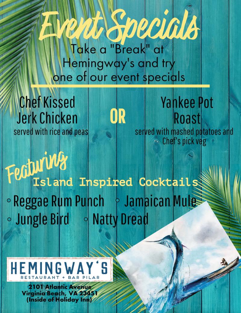 restaurant event specials flyer at Hemingway's