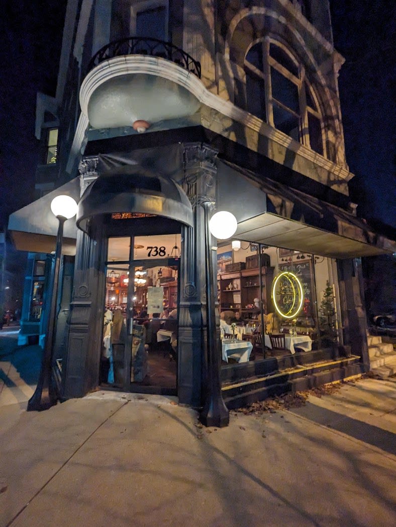 York Street restaurant exterior at night