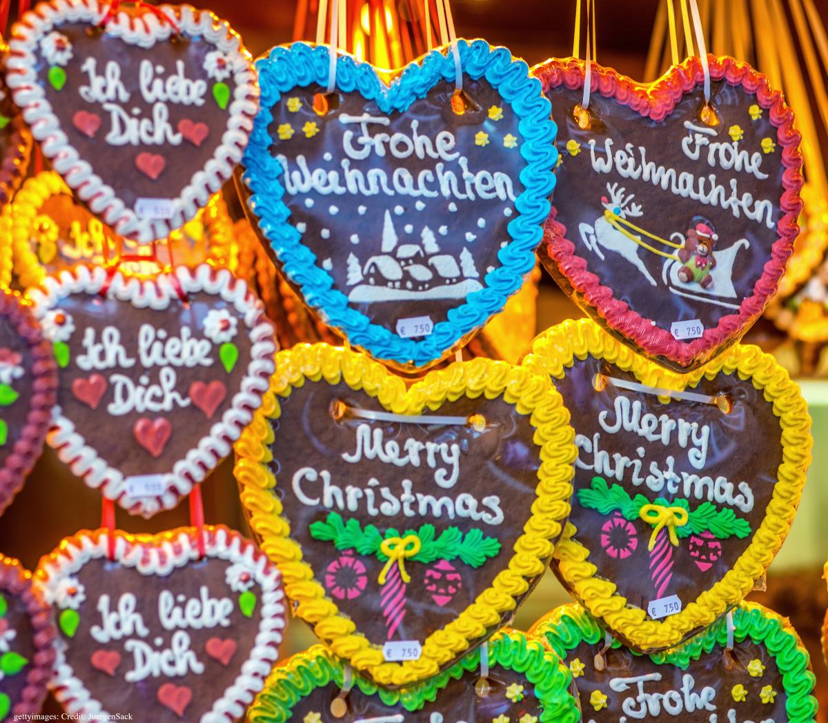Bunches of colourfully decorated dangle at a market stall in Germany