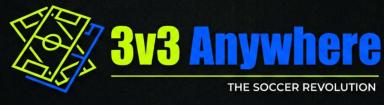 Black rectangle-shaped logo of 3v3 Anywhere, The Soccer Revolution