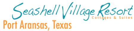 Blue and orange logo reading Seashell Village Resort Cottages & Suites Port Aransas, Texas