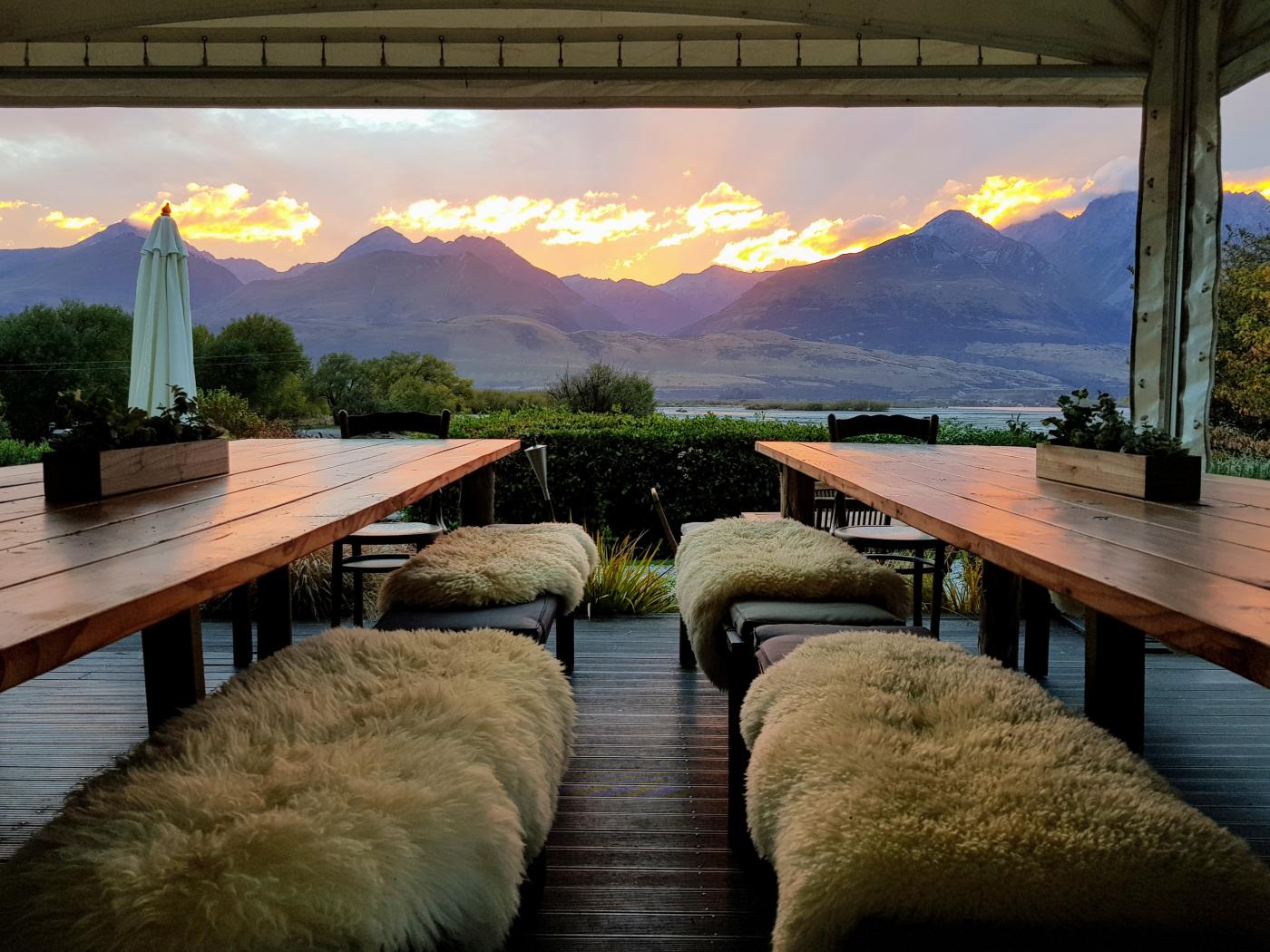 View of mountains at sunrise from Kinloch Wilderness Retreat Restaurant