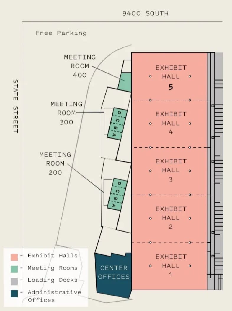 Floorplans of the Expo Center showing the divisions of the halls and the meeting rooms