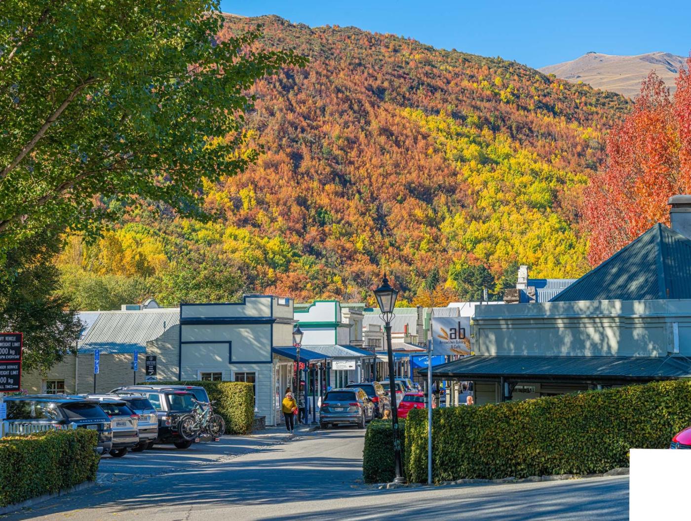 Arrowtown streets with colourful autumn trees in the background