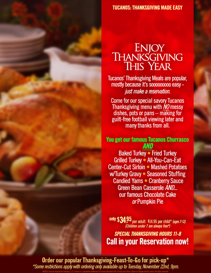 Flyer about Tucano's Thanksgiving Meal