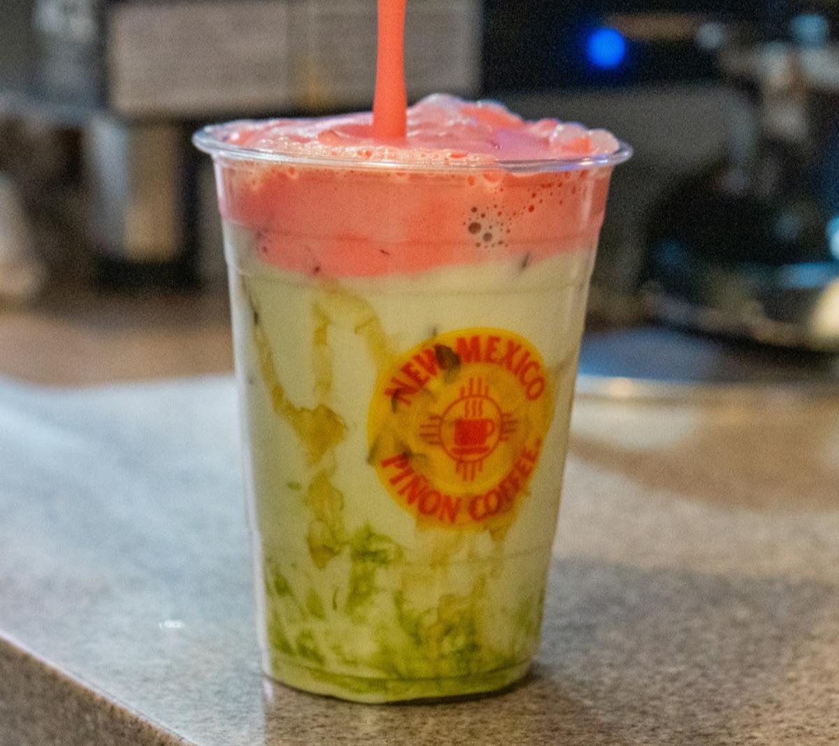 A garden party matcha available at the Alameda location of New Mexico Piñon Coffee.