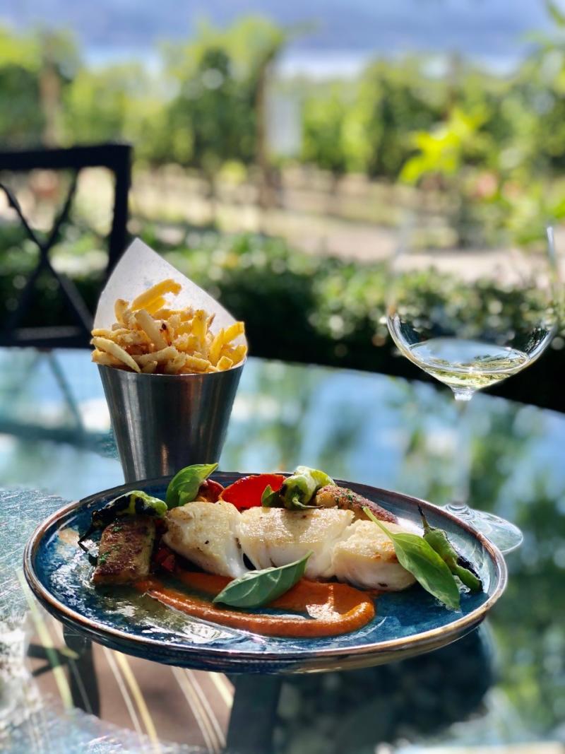 Truffle & Parmesan Fries, Fresh Fish Plate, and a Glass of Chardonnay at Quails' Gate Winery