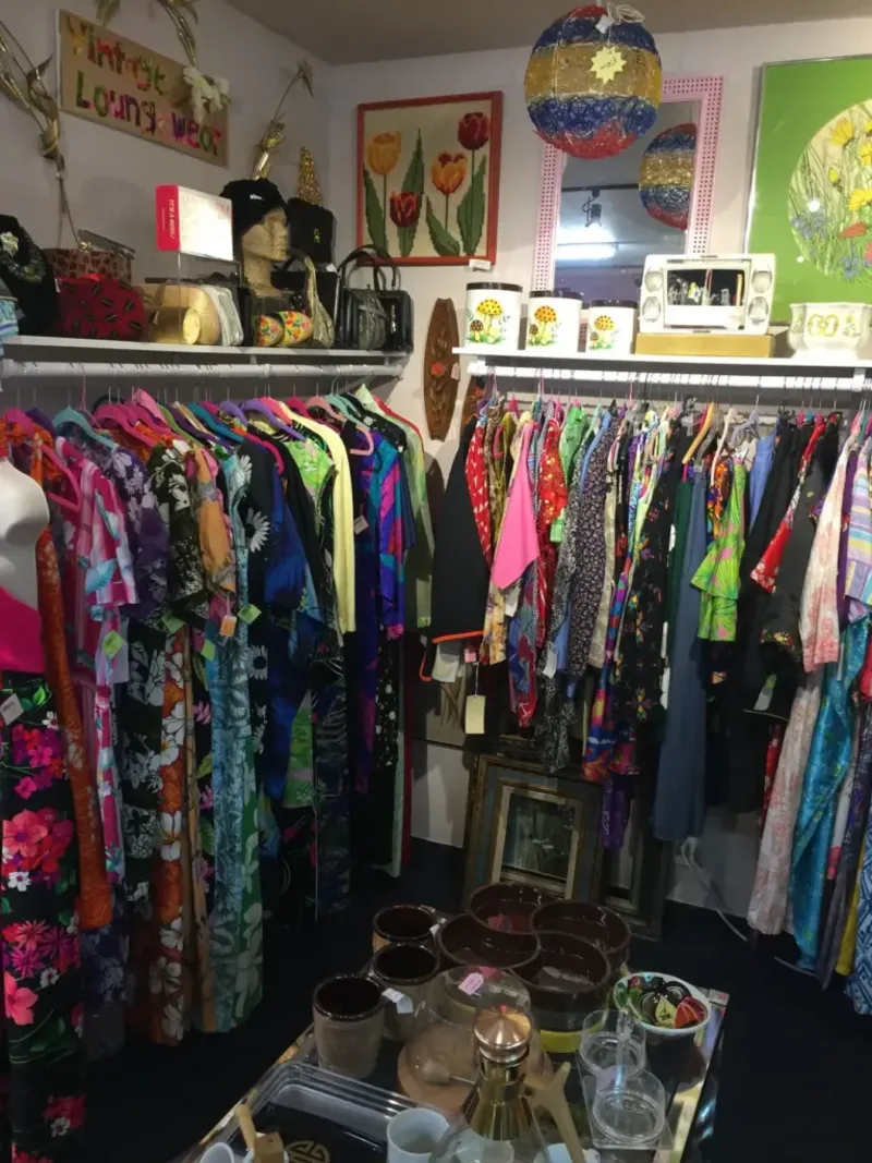 Interior of a vintage shop with colorful clothing on racks, various handbags on a shelf, assorted kitchenware on a table, and decorative items on the walls and hanging from the ceiling.